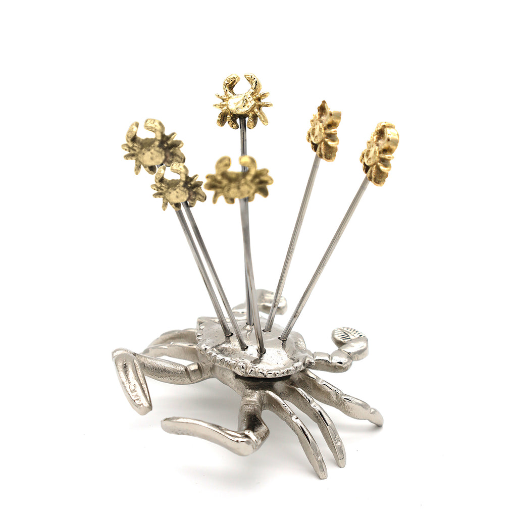 Set of Six Crab Olive Picks with Holder