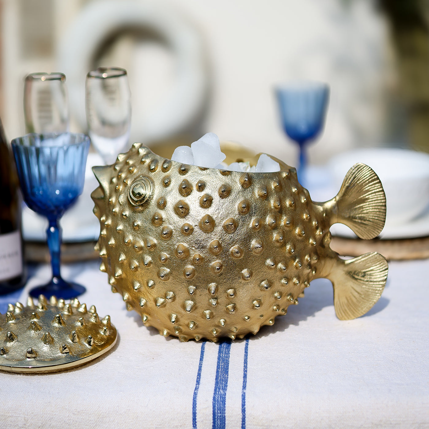 Gold Puffer Fish Ice Bucket with Lid