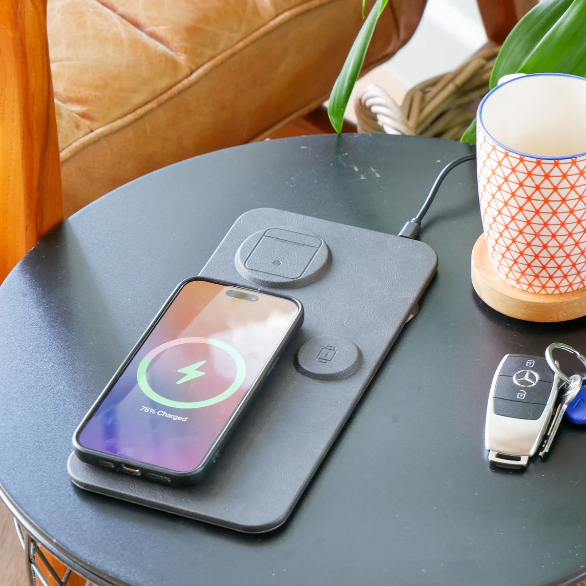 3 in 1 Wireless Charging Pad PU Leather - Black