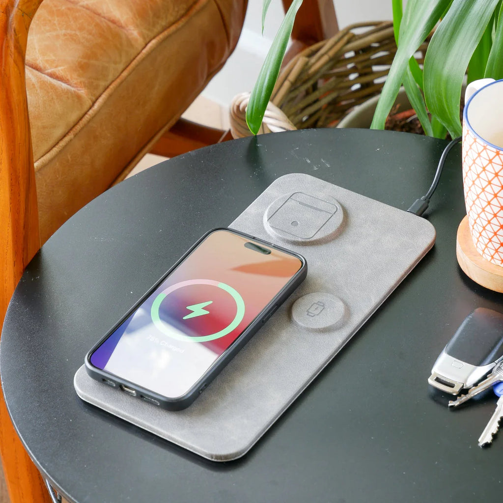 3 in 1 Wireless Charging Pad PU Leather - Grey