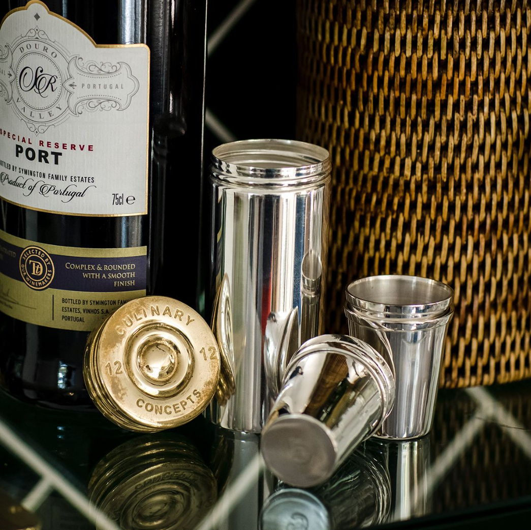 Set of Eight Stirrup Shot Cups & Cartridge Holder