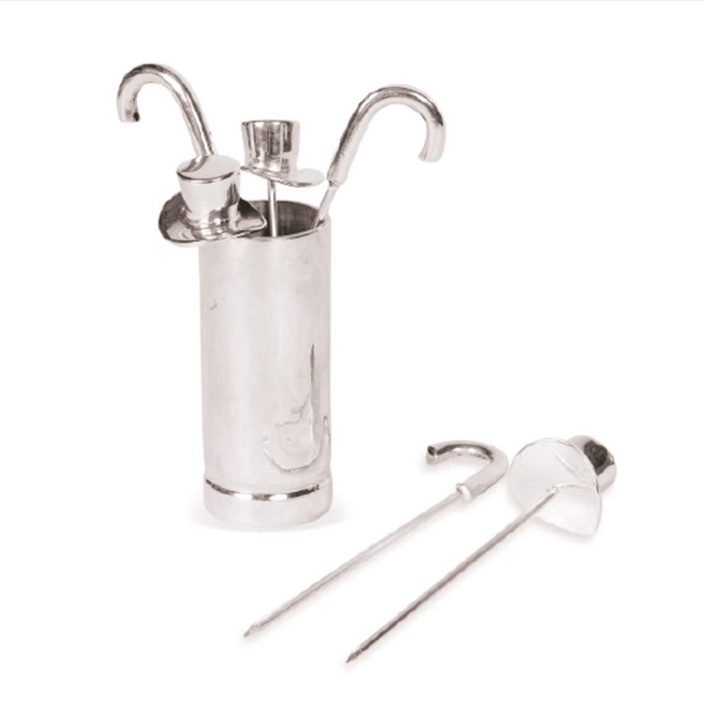 Set of Six Top Hat & Cane Olive Picks with Holder