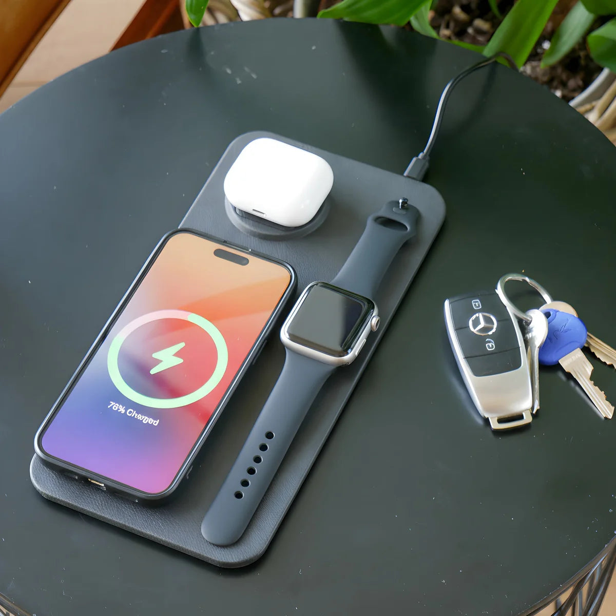 3 in 1 Wireless Charging Pad PU Leather - Black