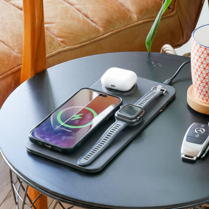 3 in 1 Wireless Charging Pad PU Leather - Black